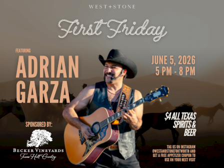 A Western-themed concert poster featuring Adrian Garza with a guitar, cowboy hat, sunset backdrop, and event details for First Friday.
