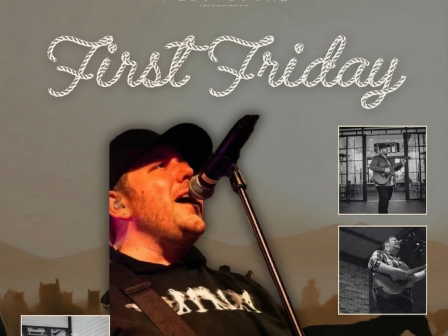 First Friday event poster: West + Stone, a guitarist sings into a mic, collage of black-and-white photos, "All Texas Spirits & Beer" promo, retro vibe.