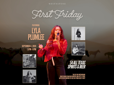 Promotional flyer: Yia Plumee sings for First Friday at West+Stone, Sept 4 2026, 5&ndash;8pm, with All Texas Spirits & Beer.