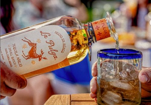 A person pours tequila from a bottle labeled "La Pulga" into a glass with ice, set on a wooden surface in an outdoor setting.