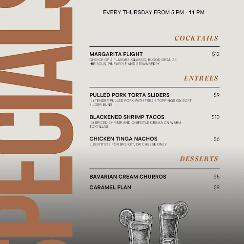 Shops: A Tequila-themed menu featuring cocktails, entr&eacute;es like pulled pork sliders and chicken tinga nachos, plus dessert options. End.