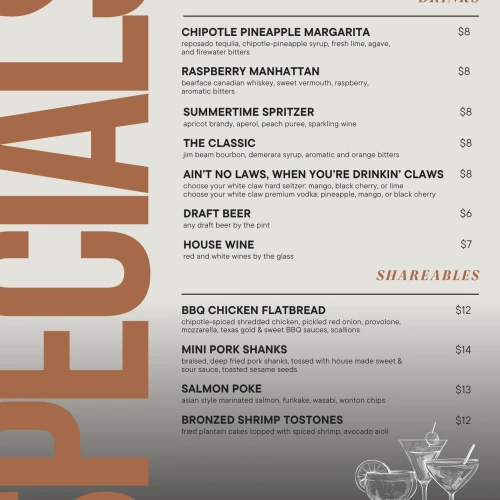 A menu page from West + Stone; drinks list includes Chipotle Pineapple Margarita, Raspberry Manhattan, Summertime Spritz, and more.