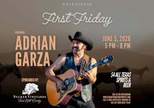 A Western-themed concert poster for First Friday featuring Adrian Garza with a guitarist, event date June 5, 2026, 5&ndash;8 PM, sponsors listed.