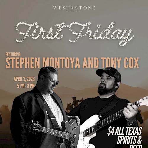 A poster for a First Friday event featuring Stephen Montoya and Tony Cox, with guitars, text details, and a desert sunset backdrop.