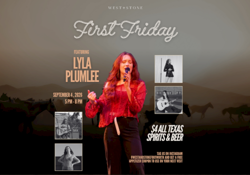 A live music poster for &ldquo;First Friday&rdquo; by West+Stone, featuring Y/A Plume at All Texas Spirits & Beer on Sept 4, 2026.